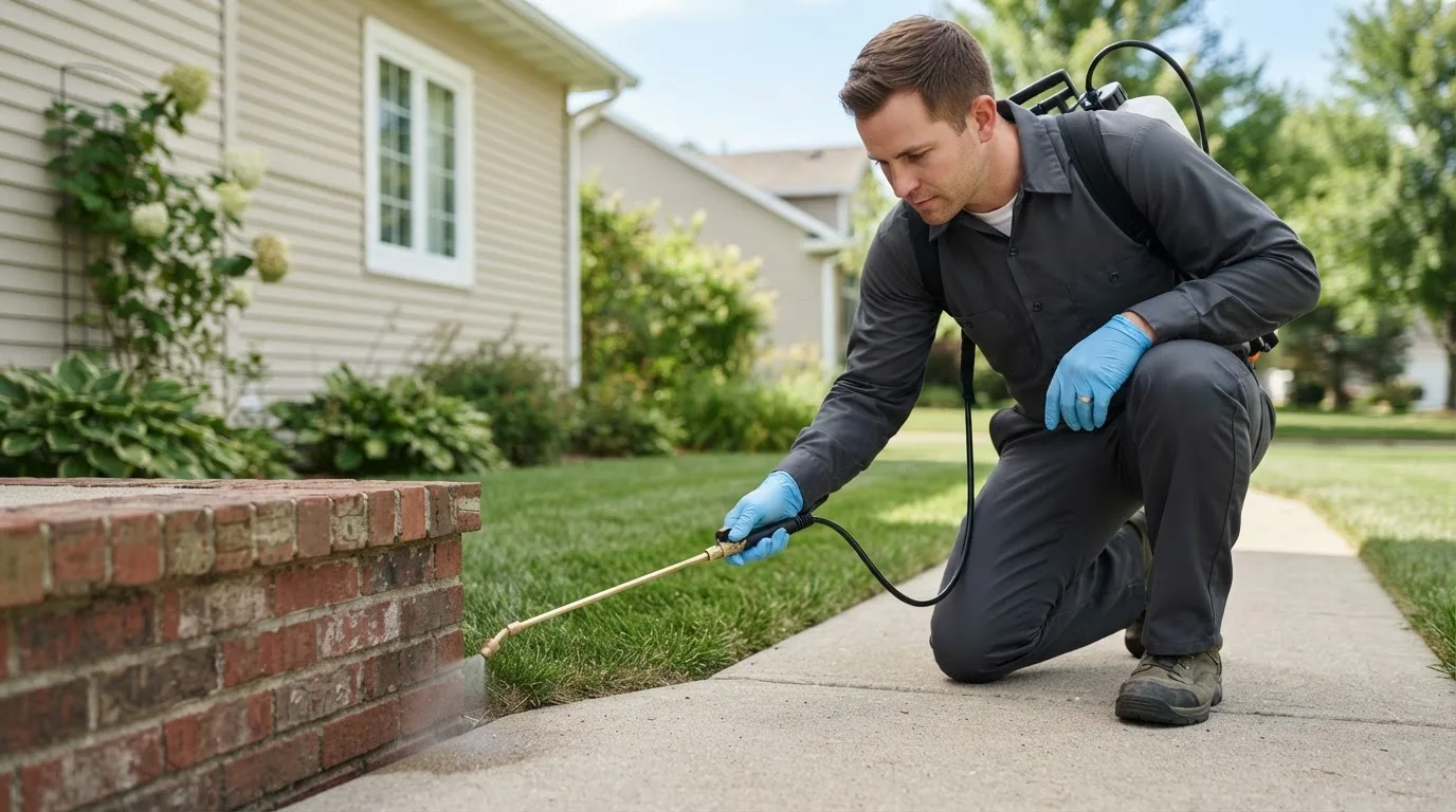 Pest control technician treating a home near Galena, IL
