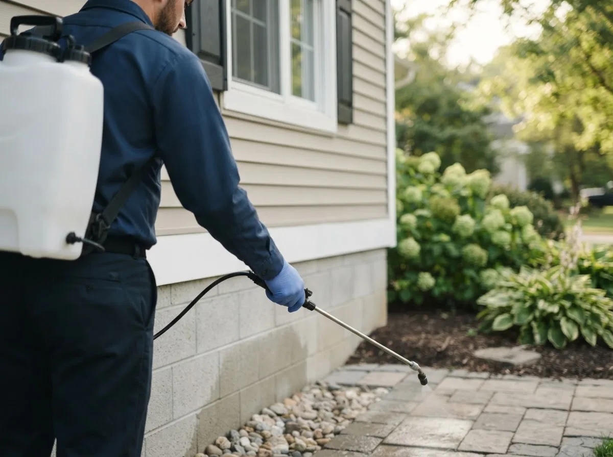 Pest control technician inspecting a home in Galena, IL